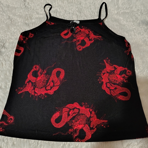 Vintage Y2K Black and Red Dragon Print Top/ Chinese Knot/ SZ L/ See Info - Picture 7 of 14